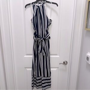 Club Monaco Blue & White Striped High Neck Belted Jumpsuit (minor flaw)